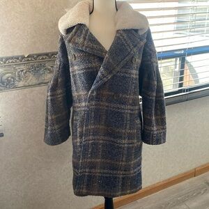 $981 Joie Women's Blue Angalina Plaid Double Breasted Peacoat Jacket Coat Size M